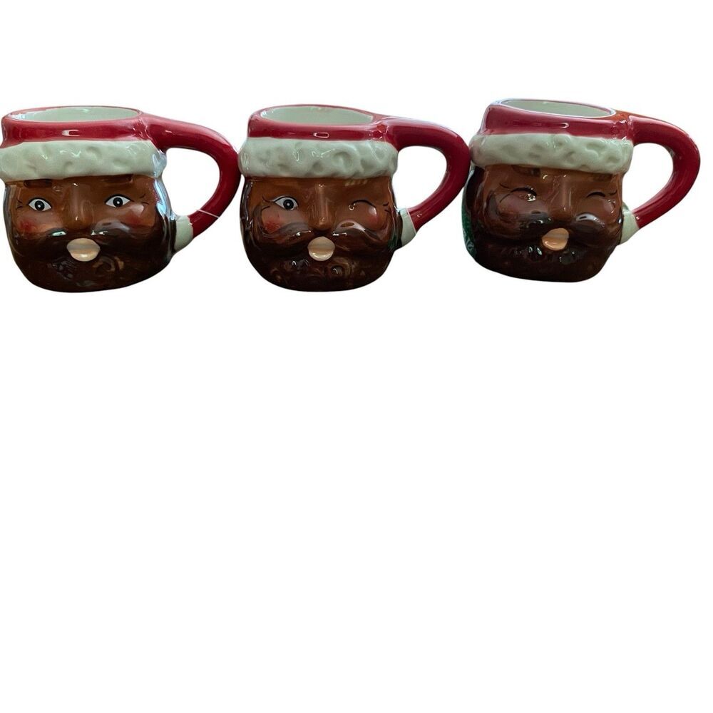3 African American Santa 2 oz Mugs Sleigh Bell Bistro NEW